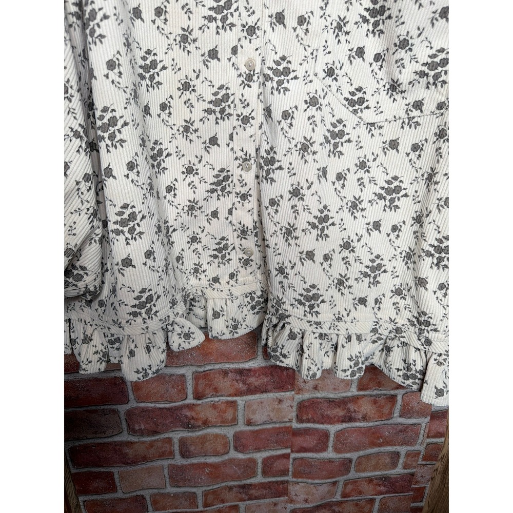 Festi Floral Corduroy Ruffle Hem Button Down Shirt Shacket Cream Grey Size 5 - Picture 3 of 6